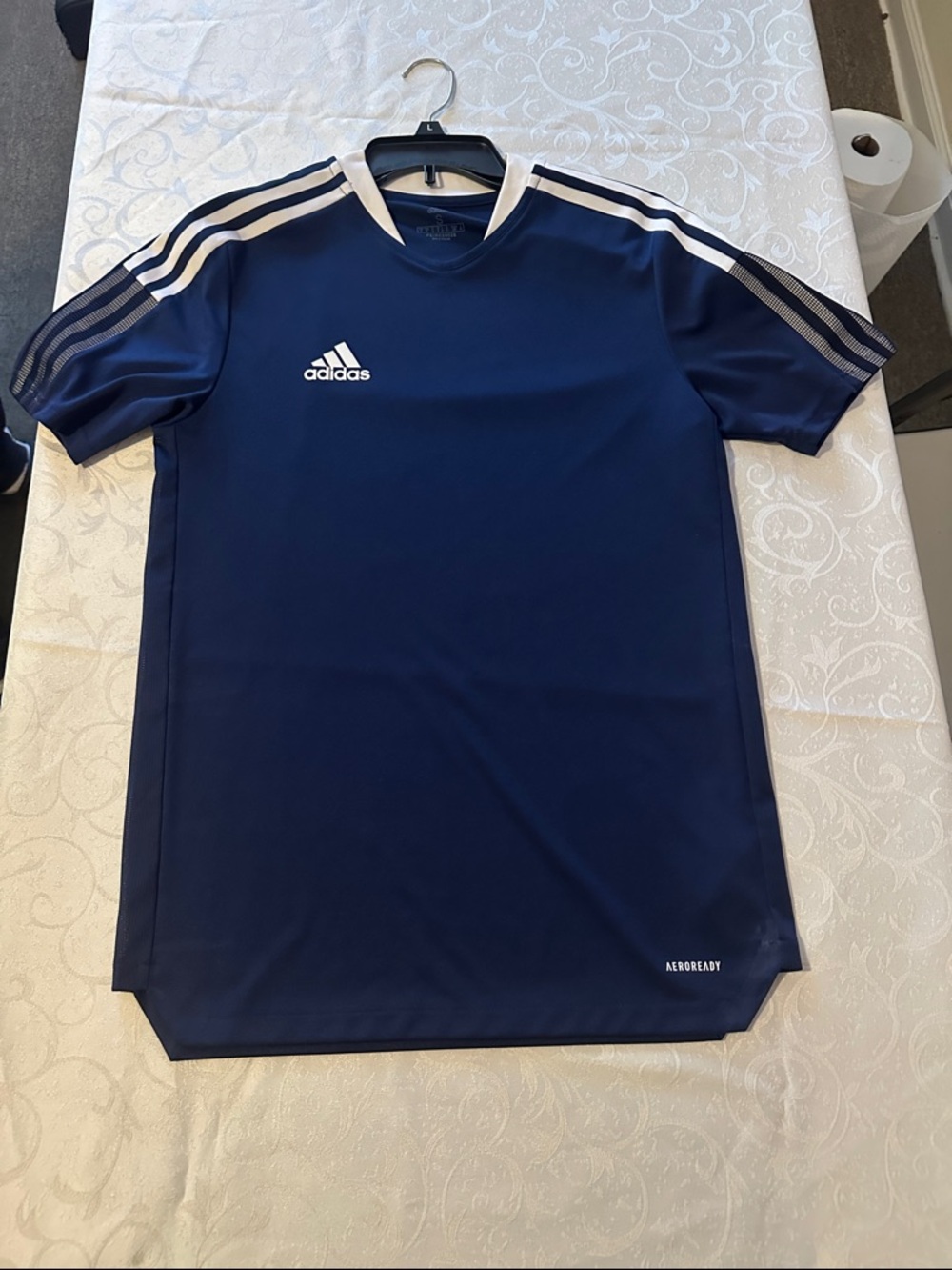adidas Navy Blue Short Sleeve AEROREADY Training Jersey with White Stripes